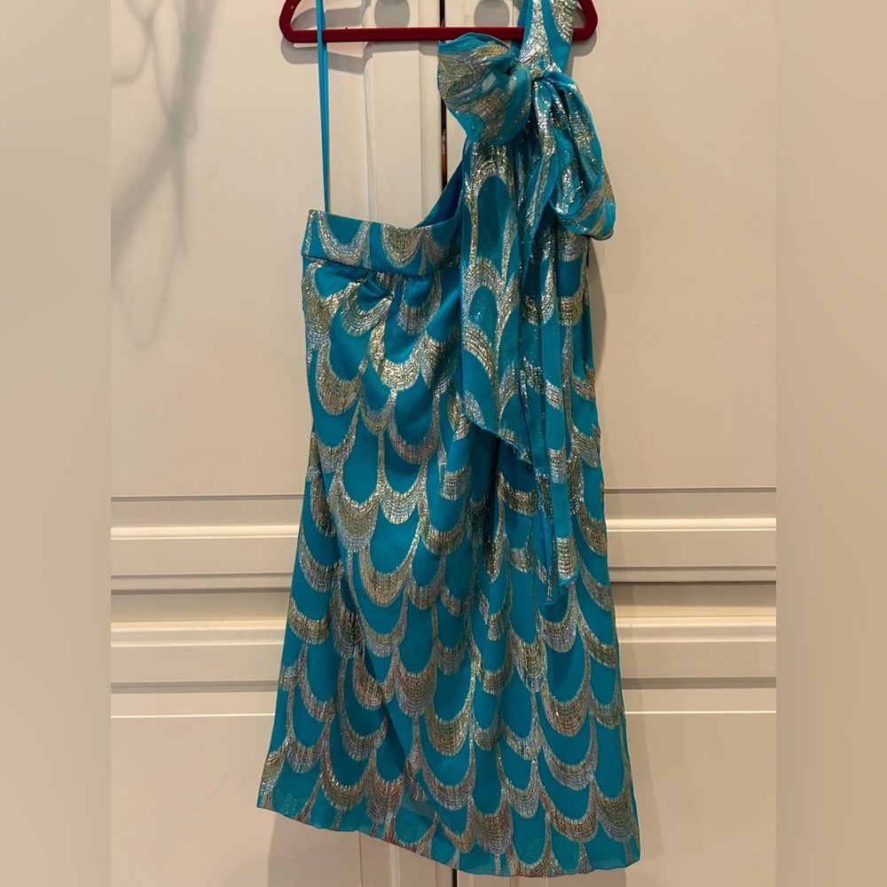 Trina Turk One Shoulder Mini Dress Blue Turquoises Metallic Resort